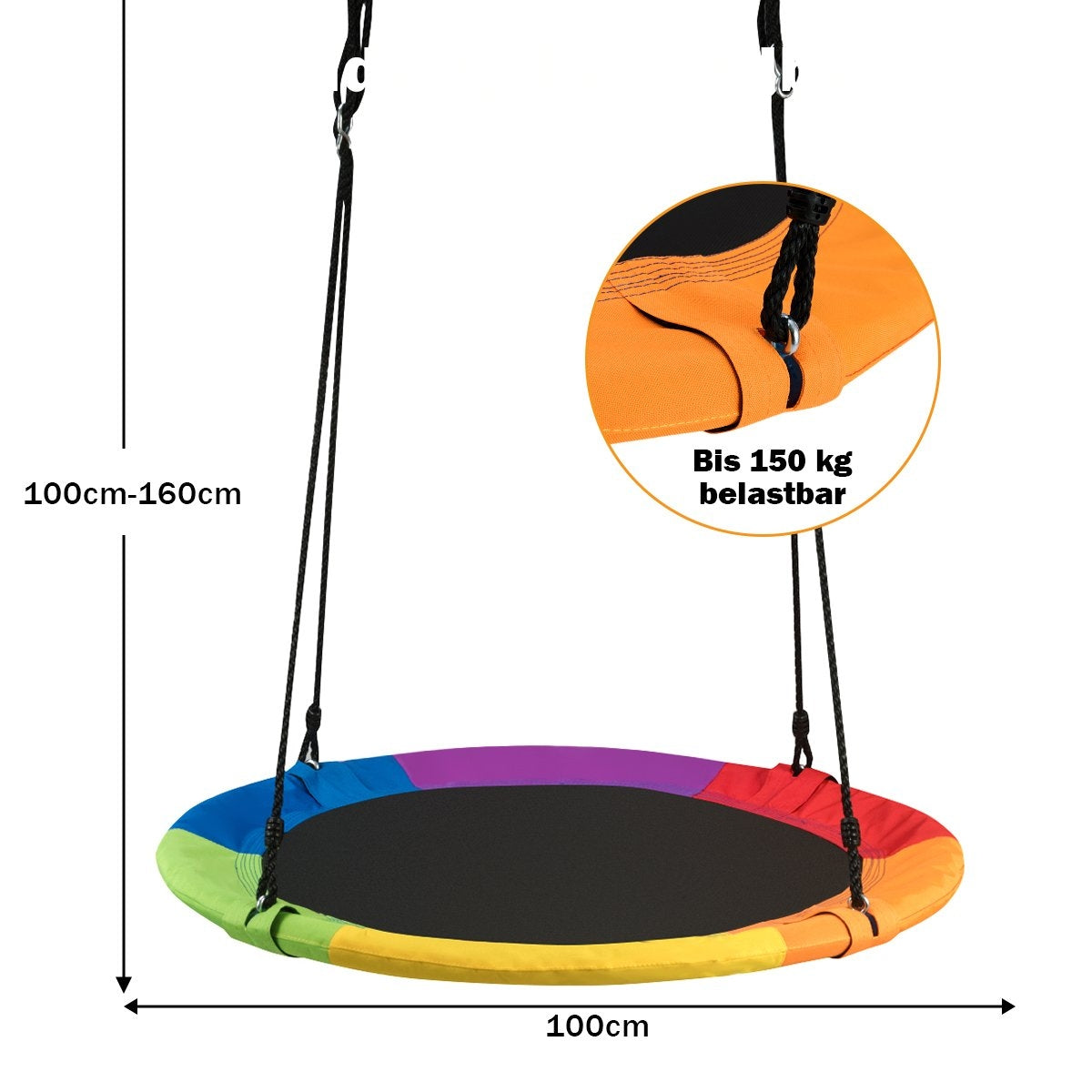 Un columpio redondo y colorido con cuerdas negras, dimensiones etiquetadas. Una inserción naranja muestra la capacidad de peso.