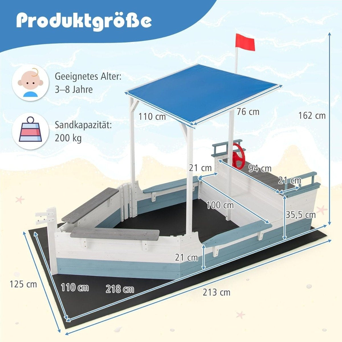 Un arenero en forma de barco con techo azul y bandera roja. Las dimensiones están etiquetadas en cm. El texto indica el rango de edad y la capacidad de arena.