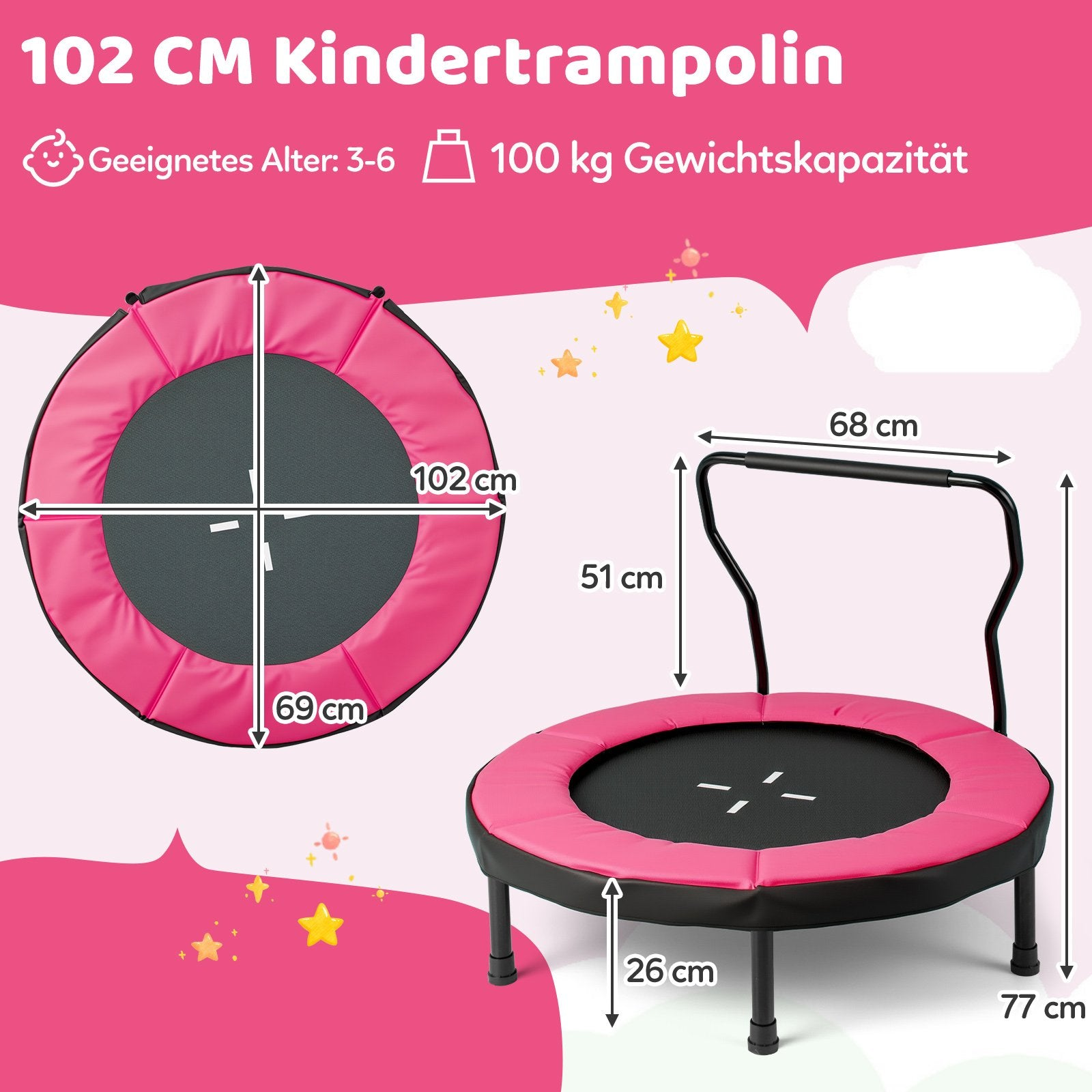 Un trampolín infantil rosa y negro con medidas, rango de edad y capacidad de peso sobre fondo rosa.
