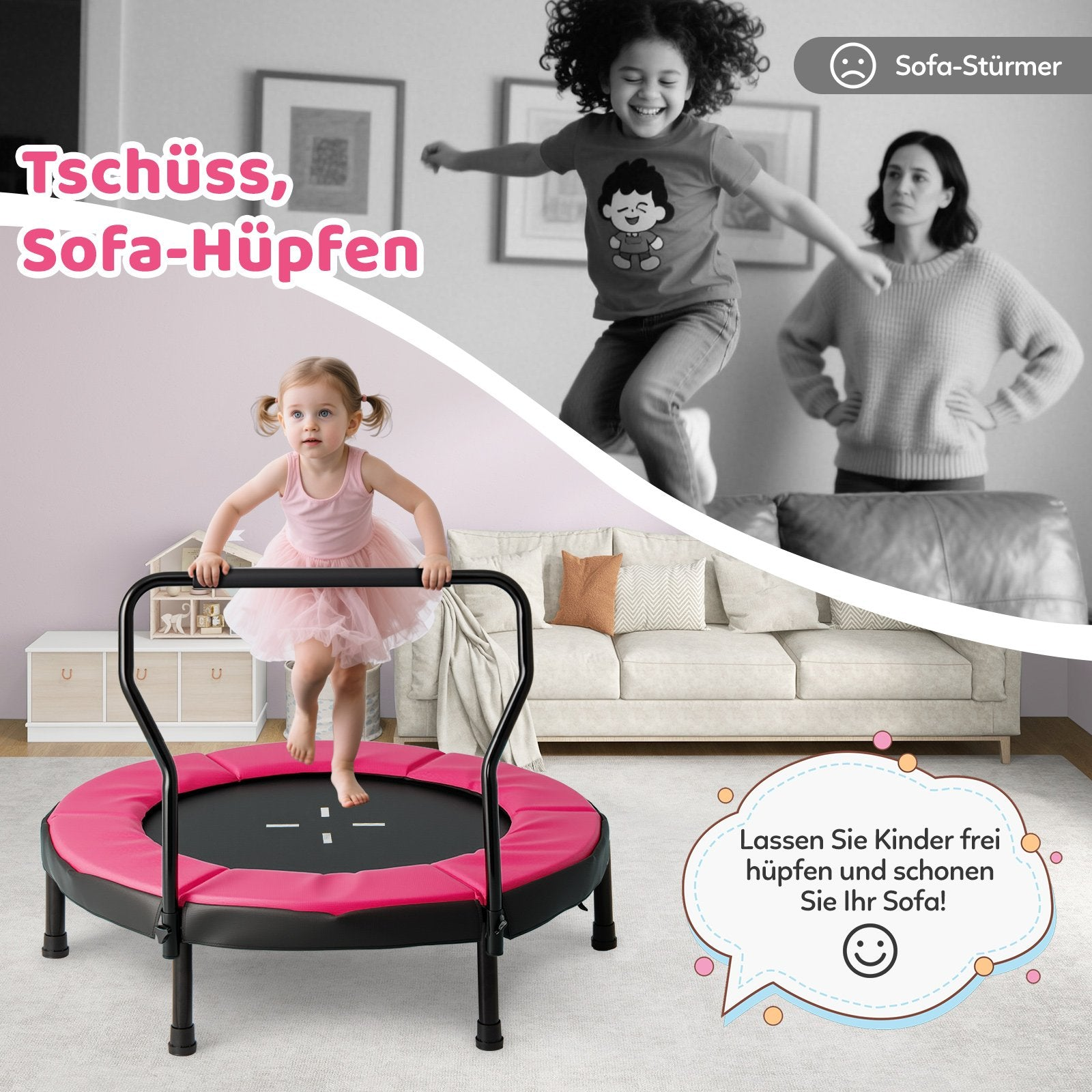 Una niña salta en un trampolín, mientras otro niño salta detrás de un sofá. Una mujer está de pie junto al sofá.