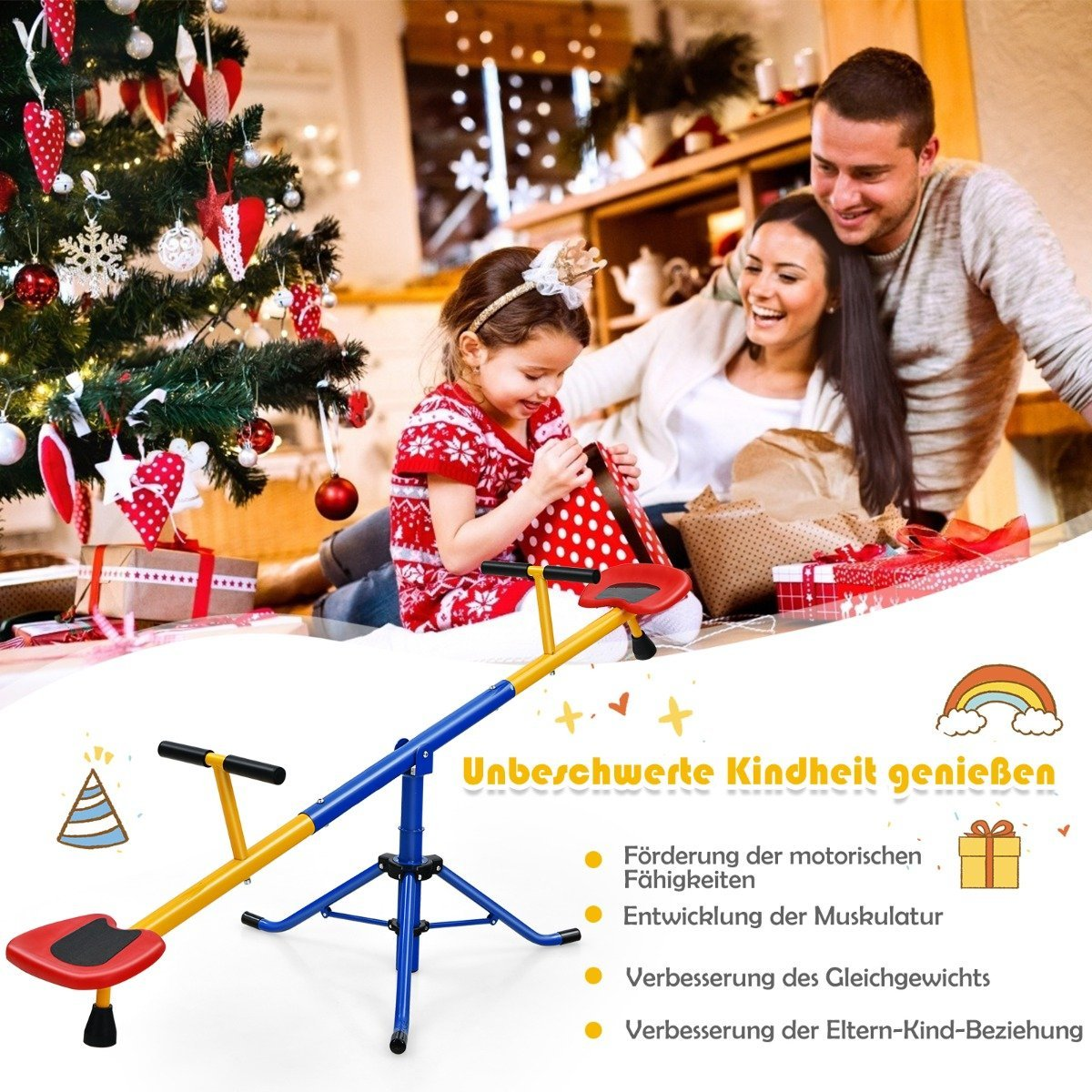 Una familia abre un regalo cerca de un árbol de Navidad. Un balancín está en primer plano. El texto dice: Disfruta de una infancia despreocupada.