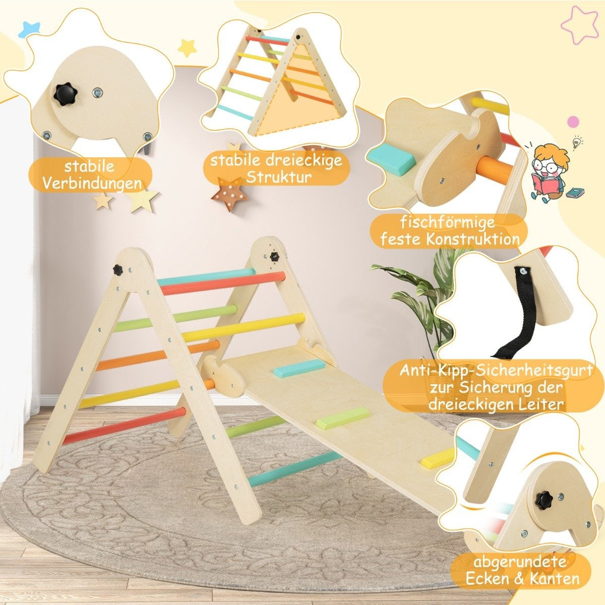 Un marco de escalada de madera con tobogán. Cuenta con peldaños coloridos y una combinación de colores neutros. Se muestran varios detalles resaltados.