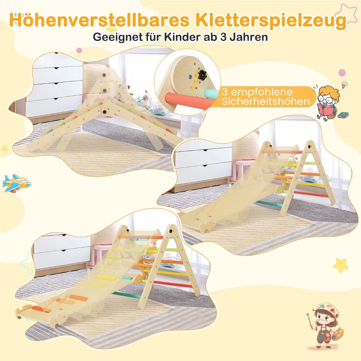 Un juego de escalada de madera para niños, con tobogán y escalera, mostrado en diferentes configuraciones. Texto en alemán para niños de 3+