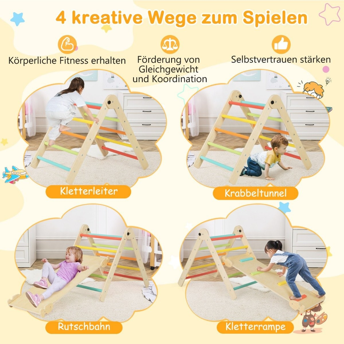 Cuatro imágenes muestran niños usando estructuras para escalar, toboganes y túneles. El texto en alemán promueve la aptitud física y la coordinación.