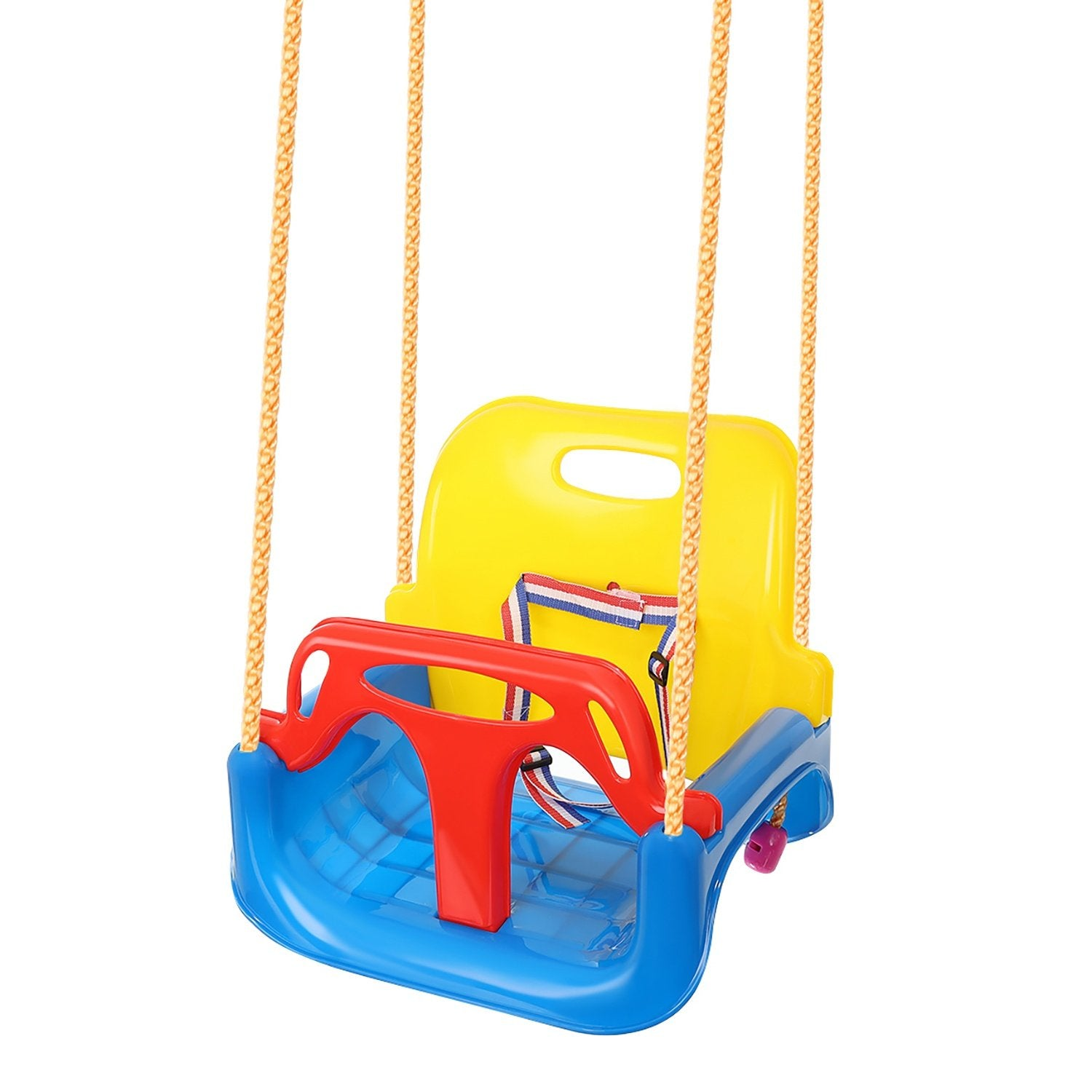 Un columpio para bebés colorido con respaldo amarillo, asiento azul, barra de seguridad roja y cuerdas colgantes, aislado sobre blanco.