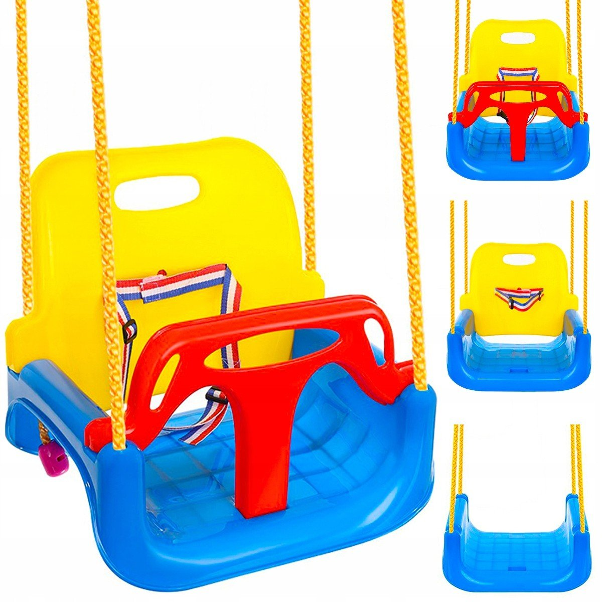 Un columpio para bebés colorido con respaldo amarillo, asiento azul, barra de seguridad roja y cuerdas colgantes. Tres columpios más pequeños al fondo.