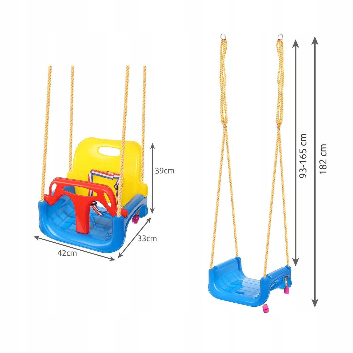 Un columpio para bebés azul y amarillo con dimensiones indicadas. También se muestra un segundo columpio similar.