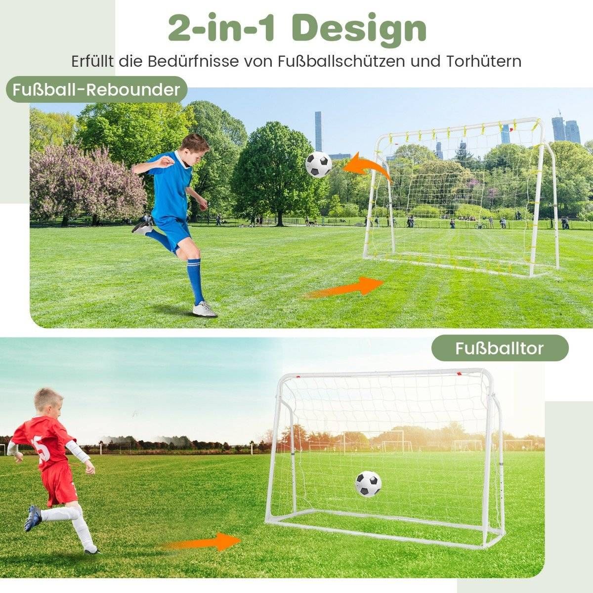 Una herramienta de entrenamiento de fútbol. Arriba: un niño patea un balón hacia una red. Abajo: un niño patea un balón hacia una portería.