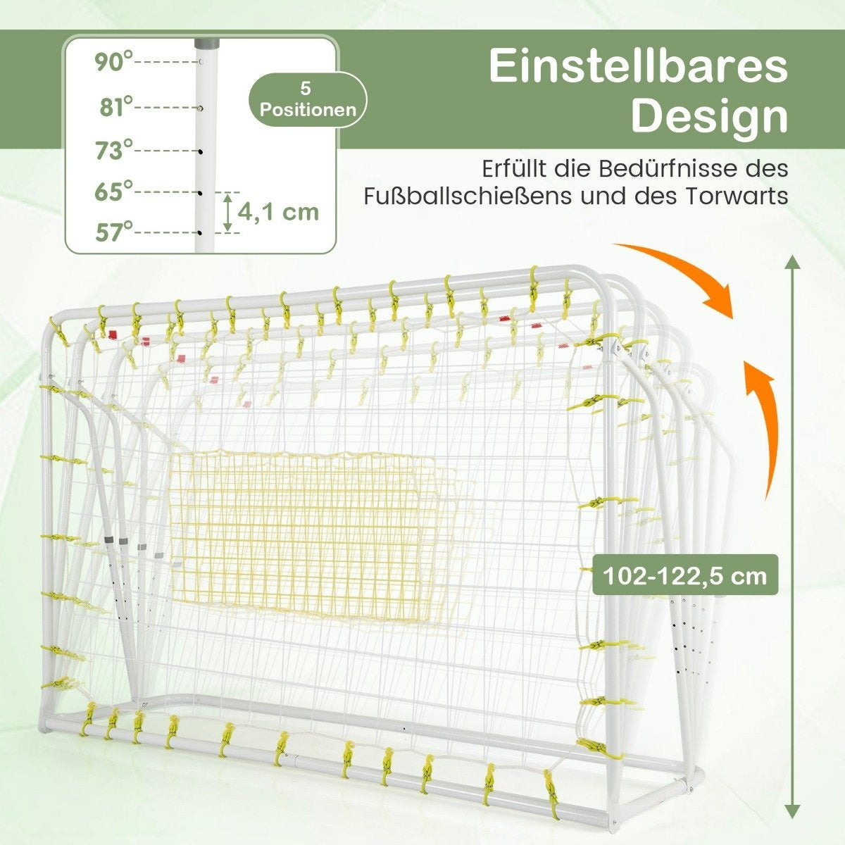 Una portería de fútbol blanca y ajustable con red. La portería tiene 5 posiciones y mide 102-122,5 cm de altura. El texto menciona 'Einstellbares Design'.