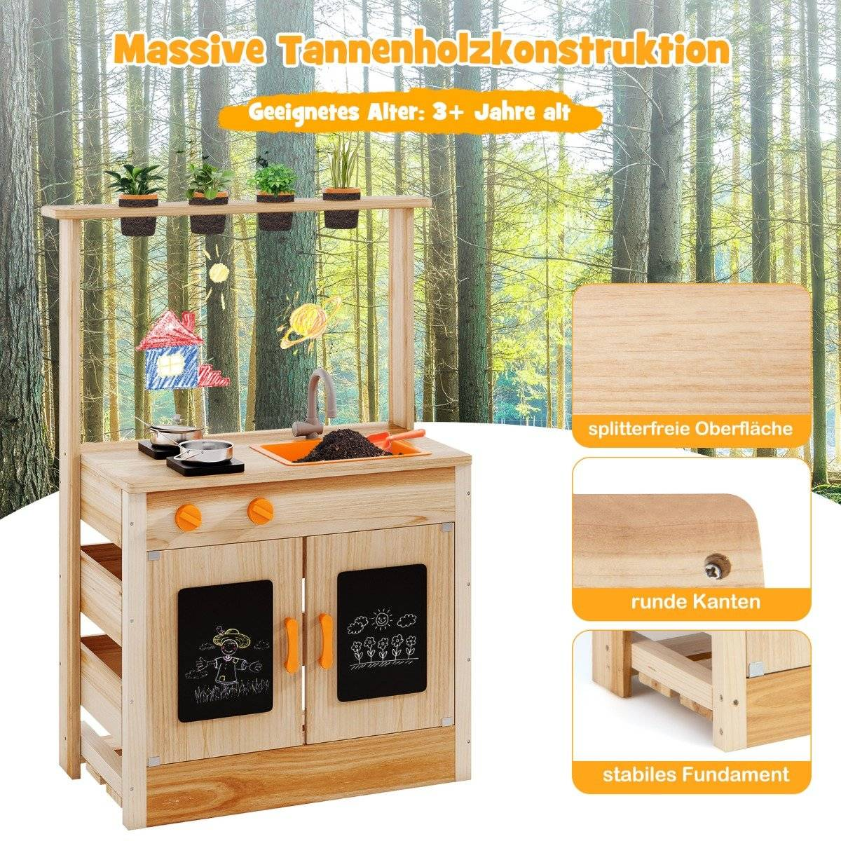 Cocina de juguete de madera con plantas, dibujos, fregadero y accesorios. Fondo de bosque. Texto: Apto para edades 3+.
