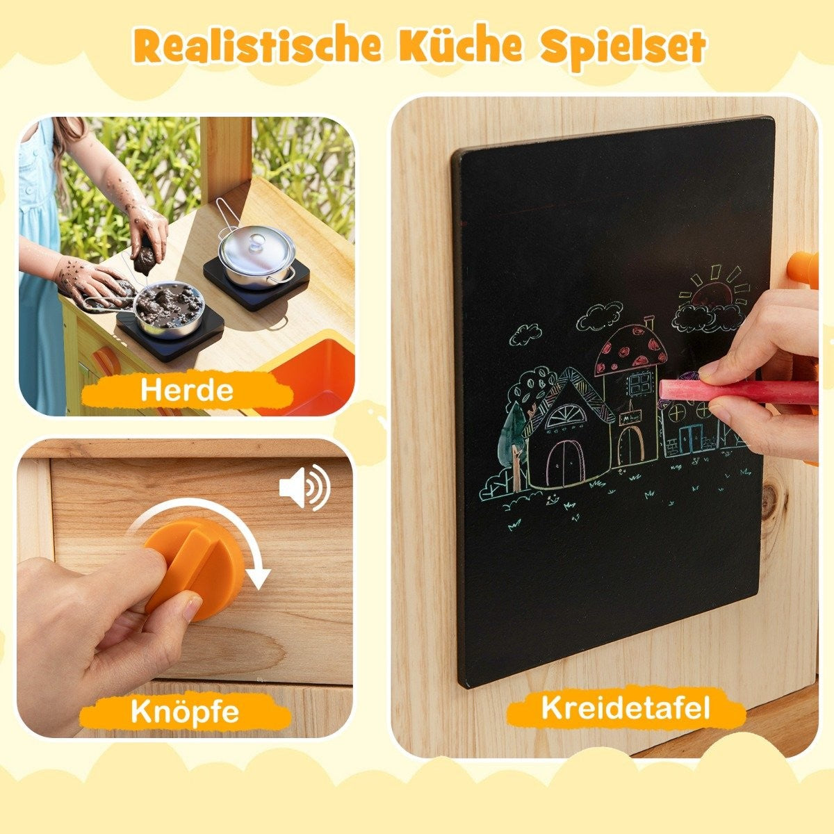 Un juego de cocina para niños con una estufa, una pizarra con dibujos de casas y un pomo girado. Colores brillantes y alegres.