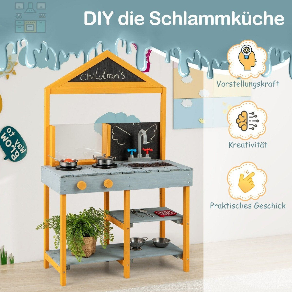 Una cocina de barro para niños con marco amarillo y mesa azul. Son visibles ollas, un fregadero y una pizarra. Está etiquetado como 'Children's'.