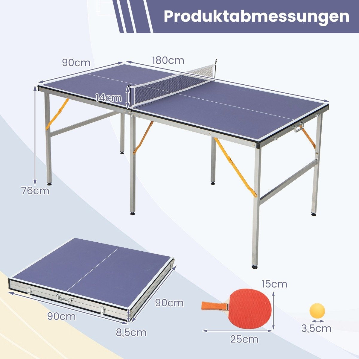 Mesa de ping pong con dimensiones: 180x90x76cm, mesa plegada: 90x90x8.5cm, paleta y pelota.