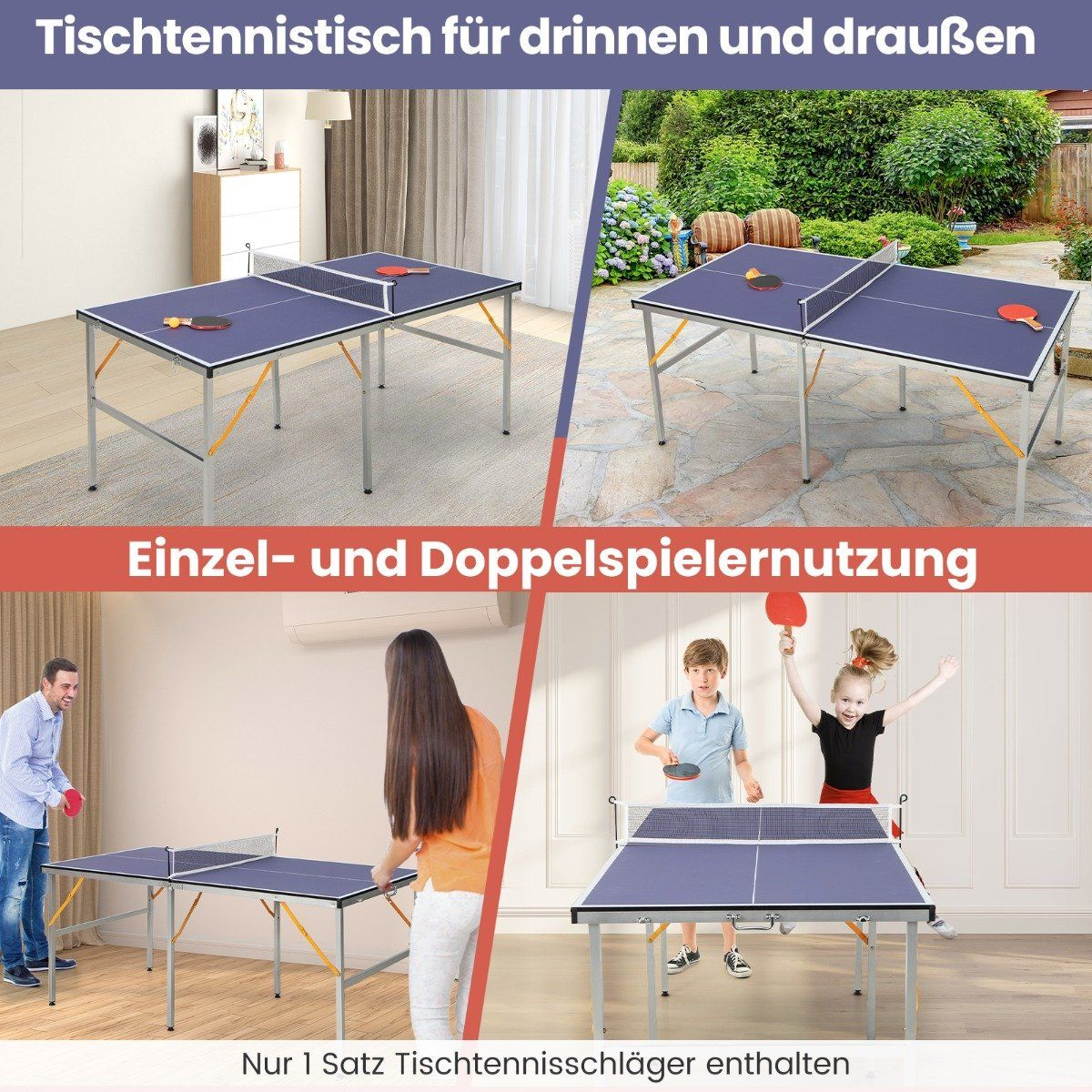 La imagen muestra una mesa de ping pong con múltiples escenas de gente jugando. La mesa es azul, con red y paletas.