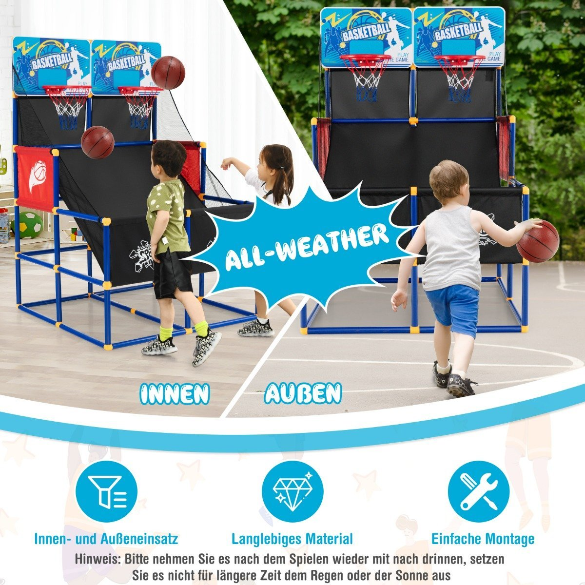 Niños jugando baloncesto con un juego de aro azul y rojo. El texto dice 'All-Weather', 'Interior y Exterior' y 'Fácil Montaje'.