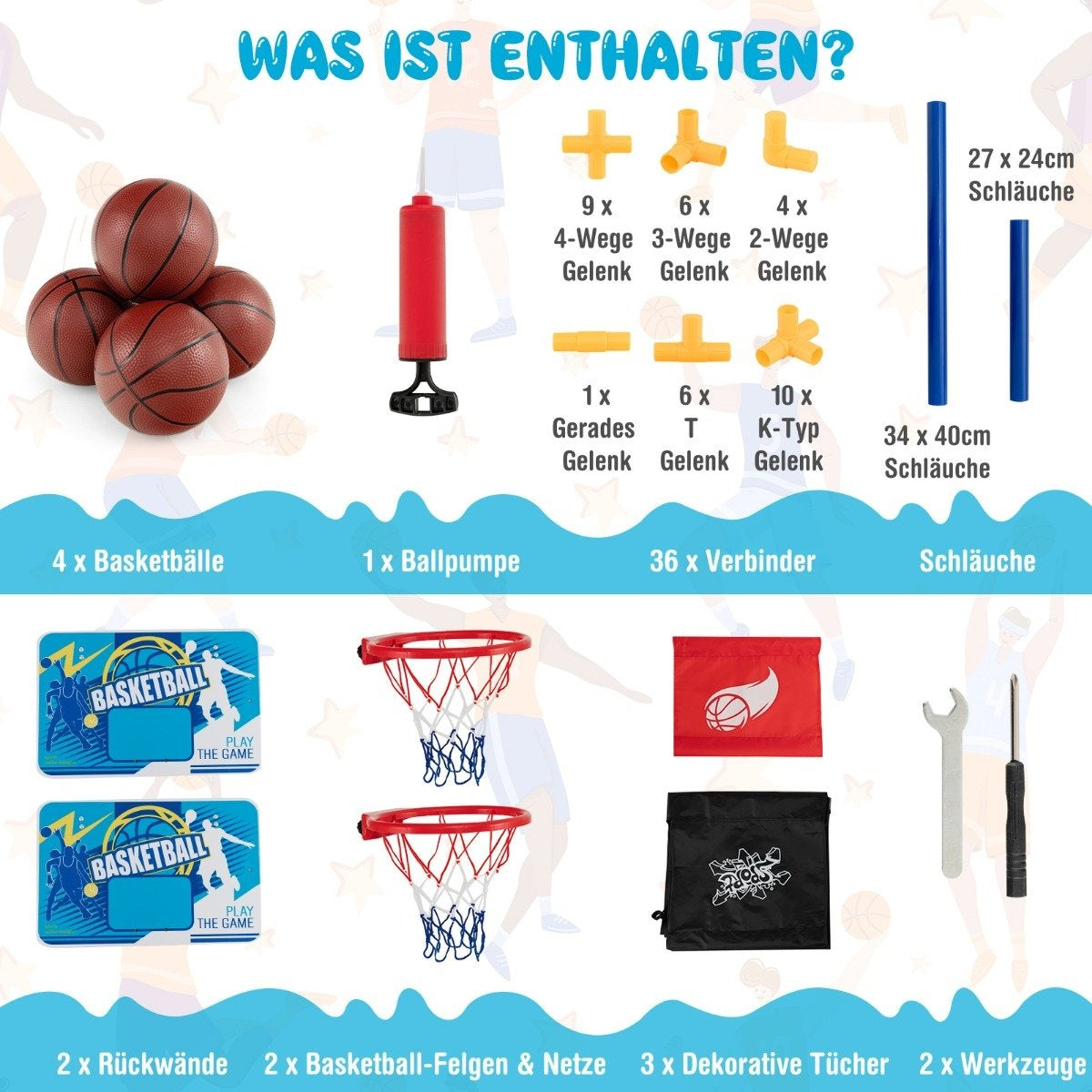 La imagen muestra componentes de un juego de baloncesto: balones, bomba, aros, tableros, conectores y herramientas. Etiquetas de texto identifican cada artículo con cantidades.