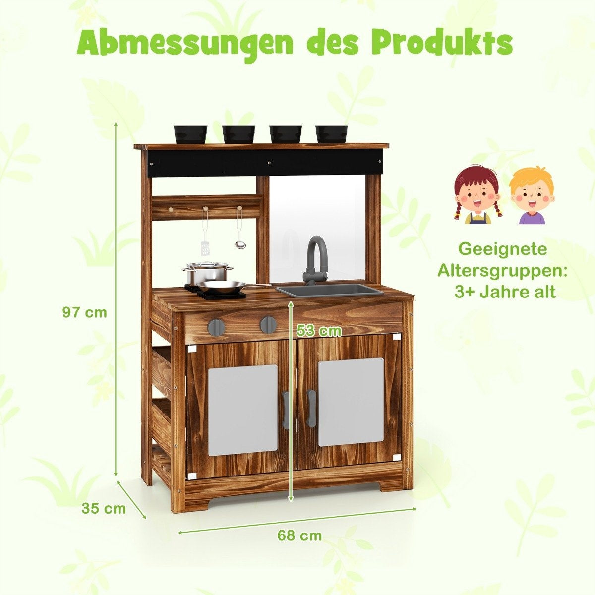 Cocina de juguete de madera con dimensiones. Incluye fregadero, estufa y almacenamiento. Apto para mayores de 3 años. Fondo verde.