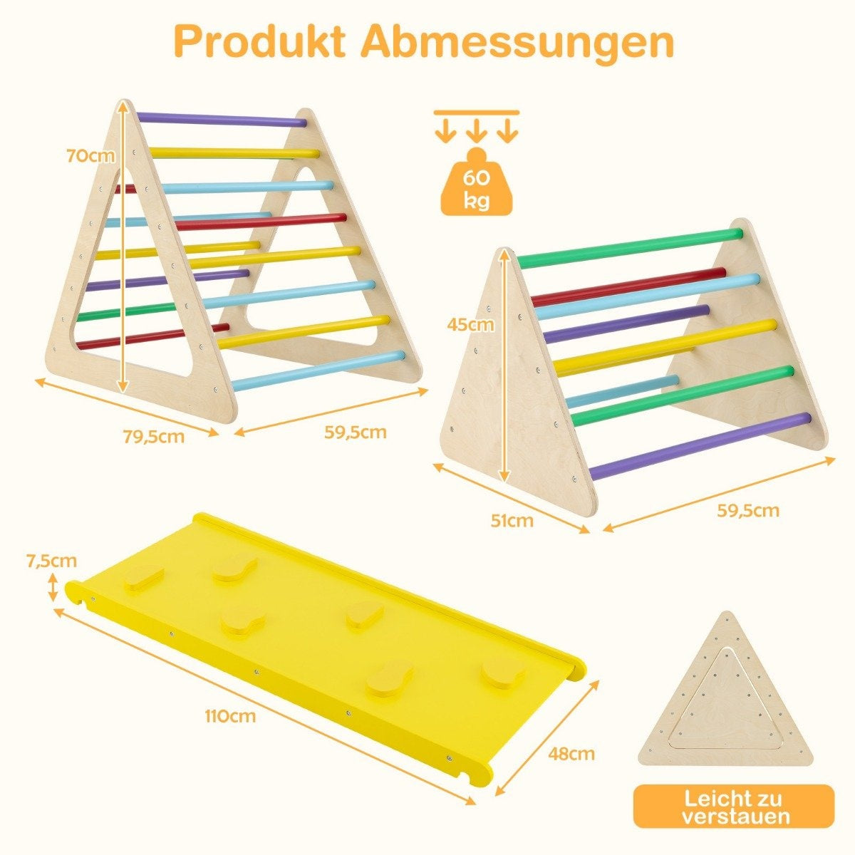 La imagen muestra un juego con un rocódromo, una rampa y un área de almacenamiento triangular. Las dimensiones están etiquetadas en cm.