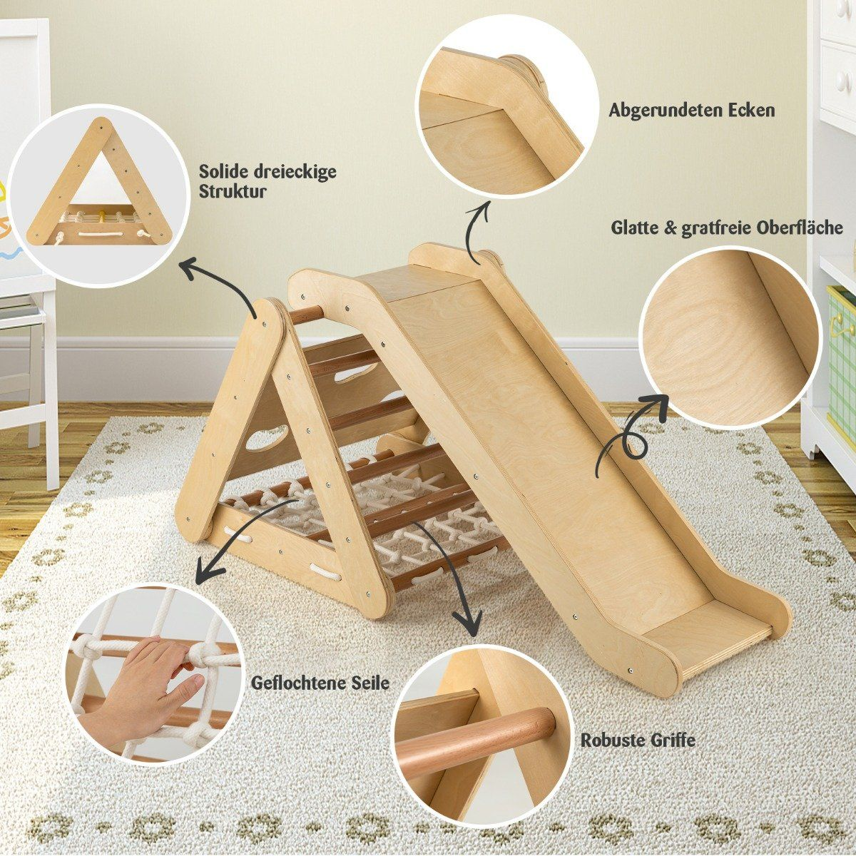 Estructura de escalada de madera con tobogán. Características: estructura triangular, superficie lisa, esquinas redondeadas y red de cuerda.