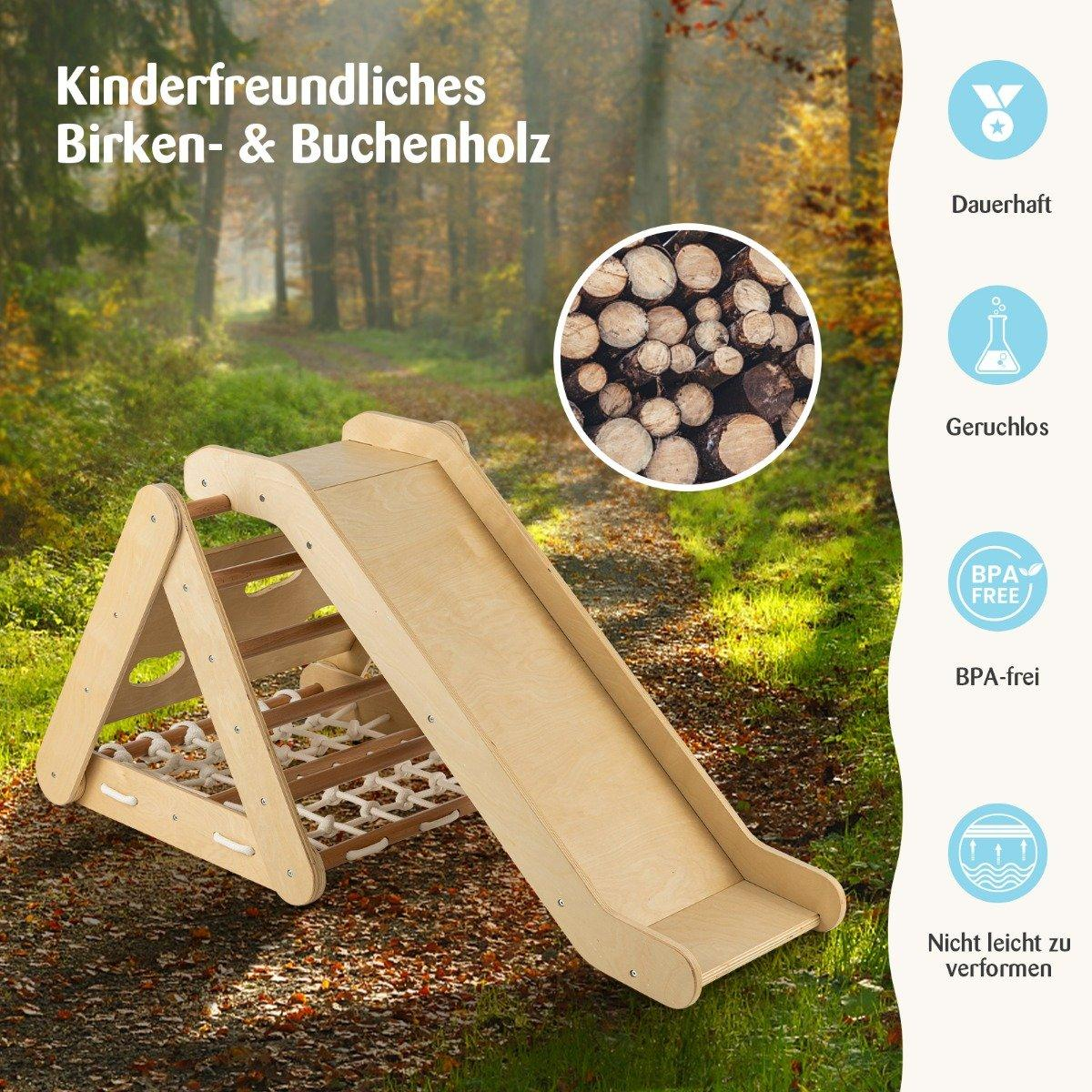 Estructura de escalada de madera con tobogán. Texto: Kindersfreundliches Birken- & Buchenholz, Dauerhaft, Geruchlos, BPA-frei, y Nicht leicht zu verformen.