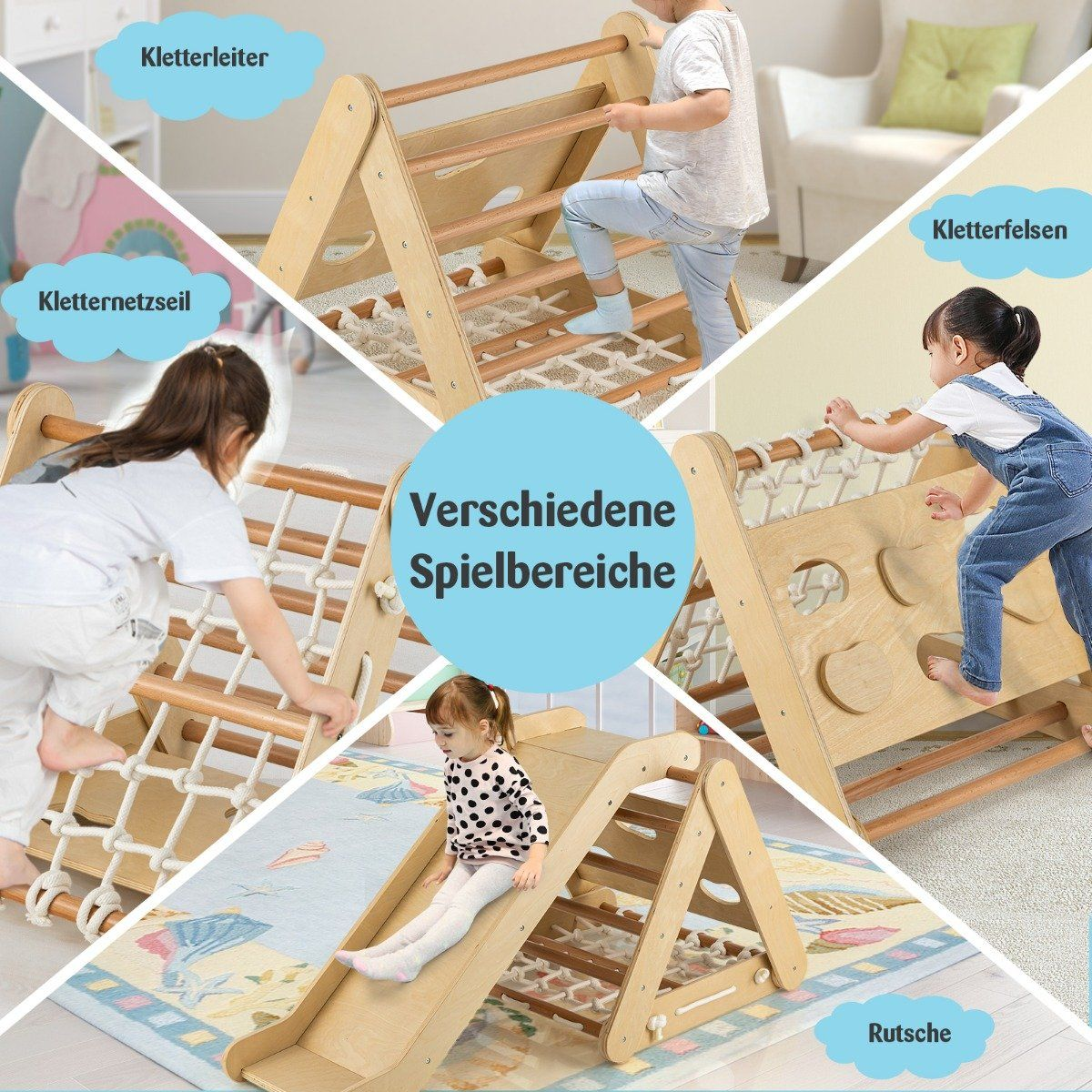 Niños jugando en estructuras de escalada de madera y un tobogán. La imagen tiene etiquetas de texto en alemán para diferentes áreas de juego.