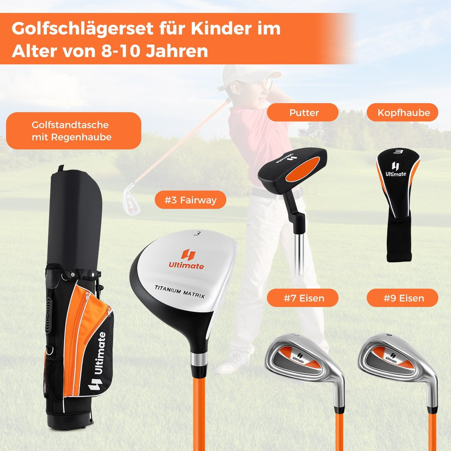 Un juego de golf para niños con palos, una bolsa y un niño balanceando un palo. Las etiquetas incluyen: putter, calle, hierros y funda.