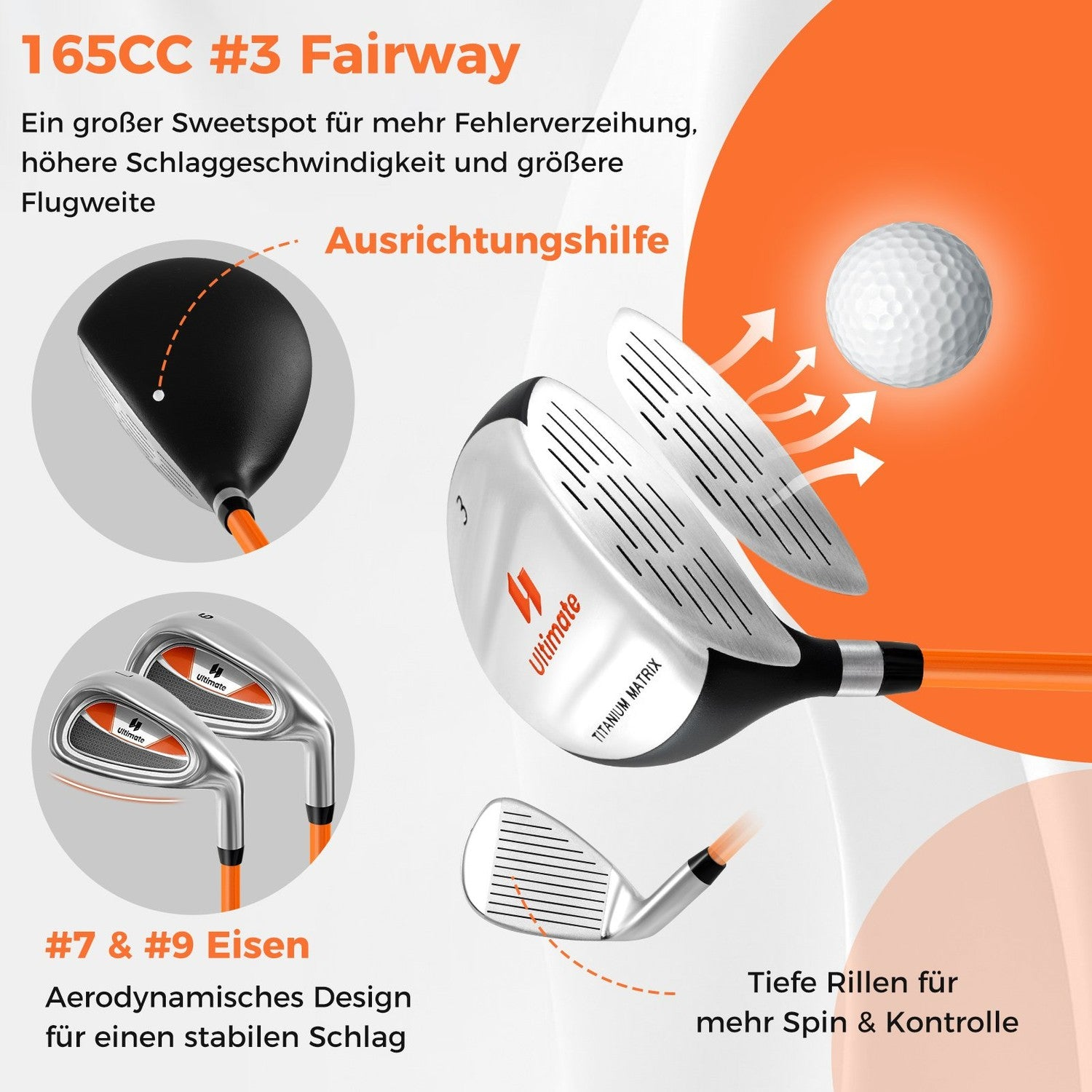La imagen muestra palos de golf. Una madera de calle, hierros y una bola de golf. El texto describe características como punto dulce, control de giro y diseño aerodinámico.