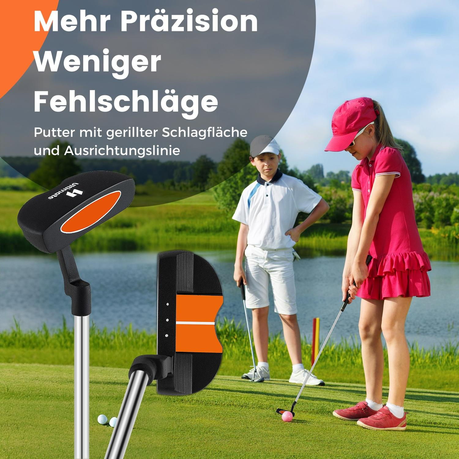 Una niña de rosa se prepara para el putt en un campo de golf, un niño observa. Un putter está en primer plano, con texto sobre precisión al fondo.