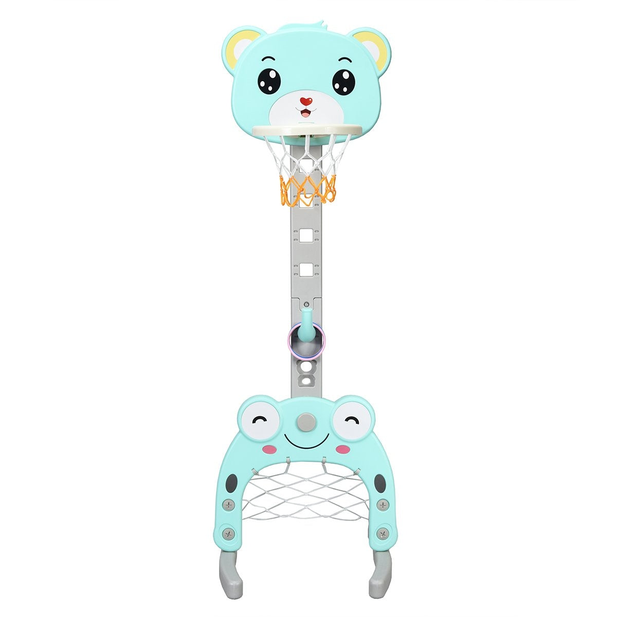 Un juguete de aro de baloncesto azul con forma de oso. Tiene una cabeza de oso, un aro y una base en forma de rana.