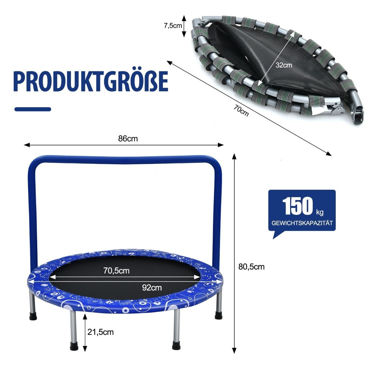 Un trampolín azul desmontado con medidas. Un trampolín plegado arriba. La capacidad de peso es de 150 kg.
