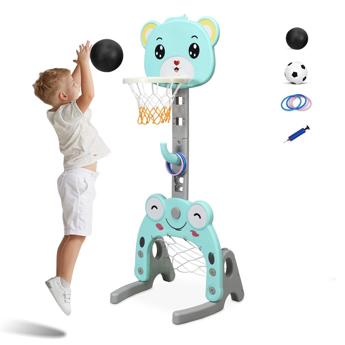 Un niño salta para lanzar una pelota negra a un aro de baloncesto con forma de oso. Otros elementos incluyen un balón de fútbol y anillos.