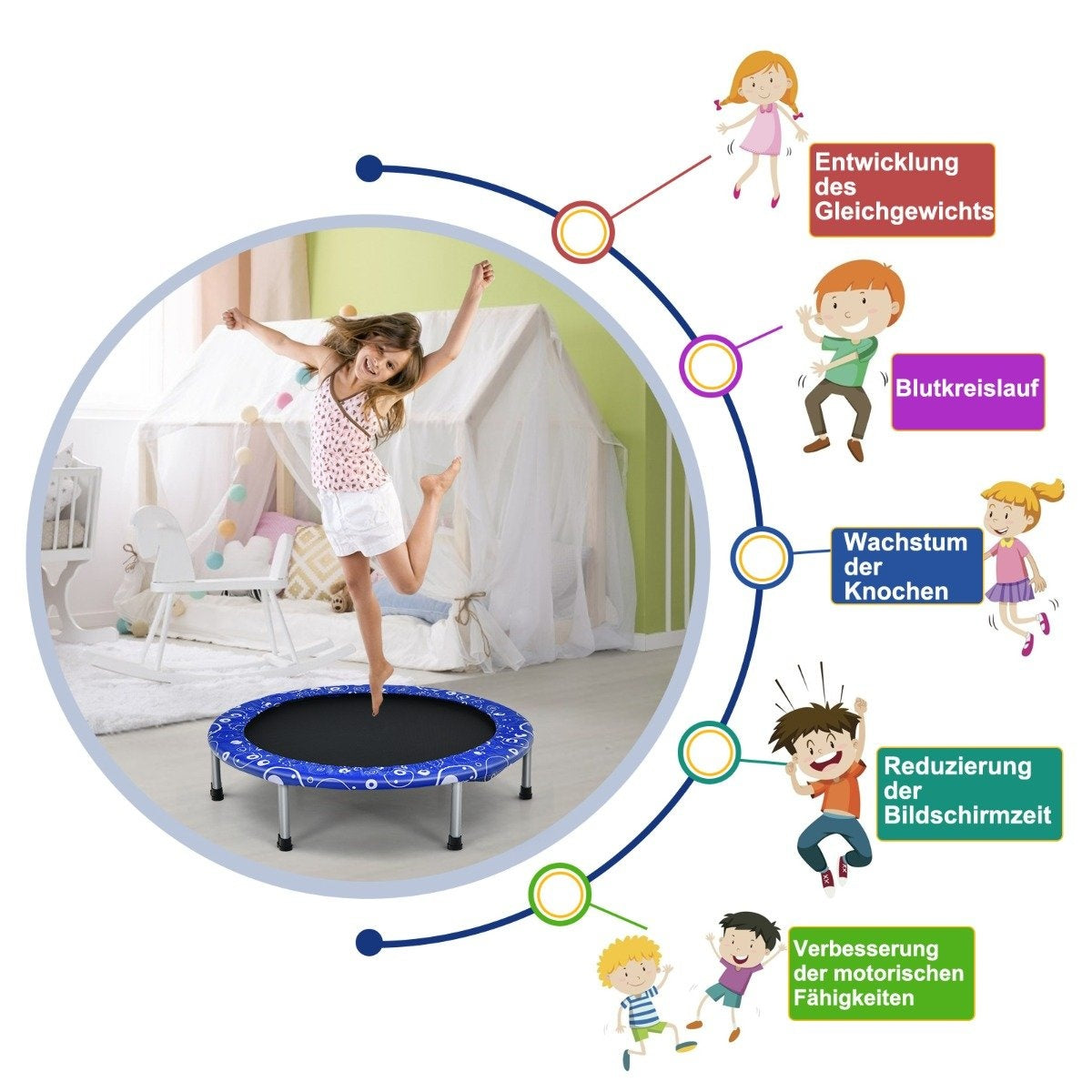 Una niña salta en un trampolín azul. Infografía muestra beneficios: equilibrio, flujo sanguíneo, crecimiento óseo, tiempo de pantalla reducido, habilidades motoras.