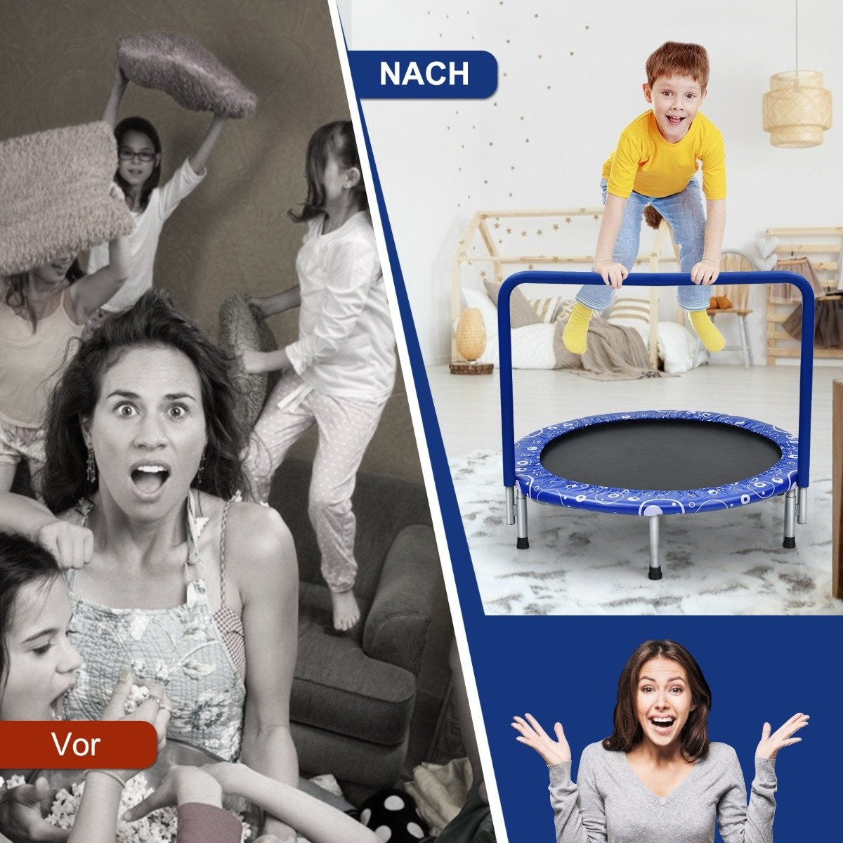 Imagen dividida: Izquierda muestra caos con niños y adultos. Derecha muestra a un niño saltando en un trampolín. Abajo, una mujer emocionada.