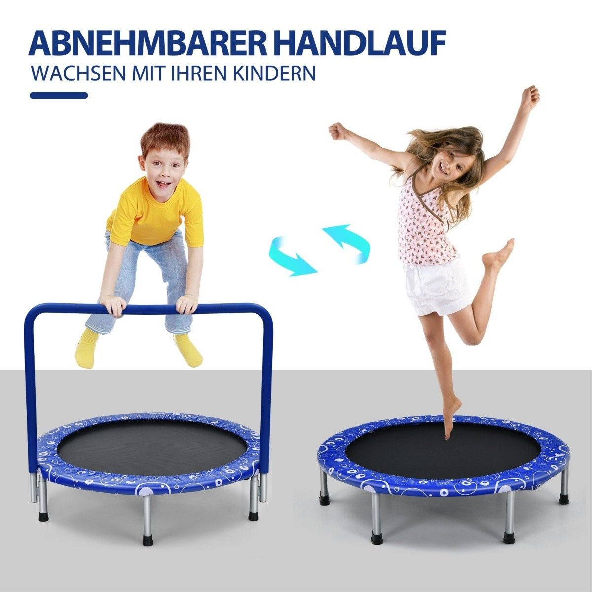 Dos niños saltando en trampolines. Uno sostiene una barra. Trampolines azules con diseños blancos. Texto: 'Crece con tus hijos'.