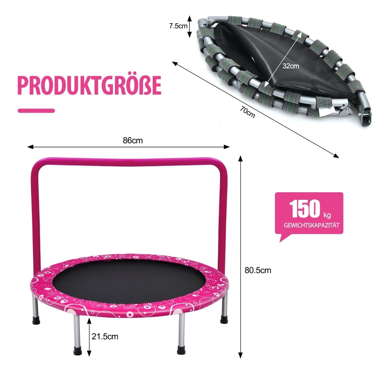 Se muestra un trampolín rosa con un asa. Las dimensiones están etiquetadas. También se muestra un trampolín plegado más pequeño.
