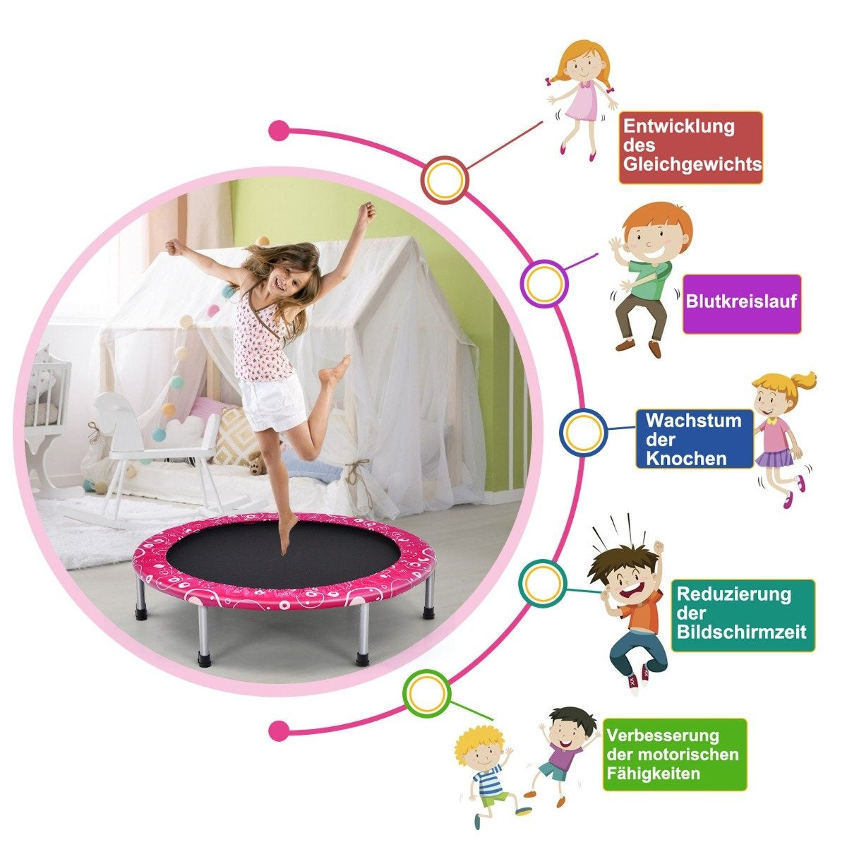 Una niña salta en un trampolín rosa. Diagramas muestran beneficios como equilibrio, circulación, crecimiento óseo, tiempo de pantalla reducido y habilidades motoras.