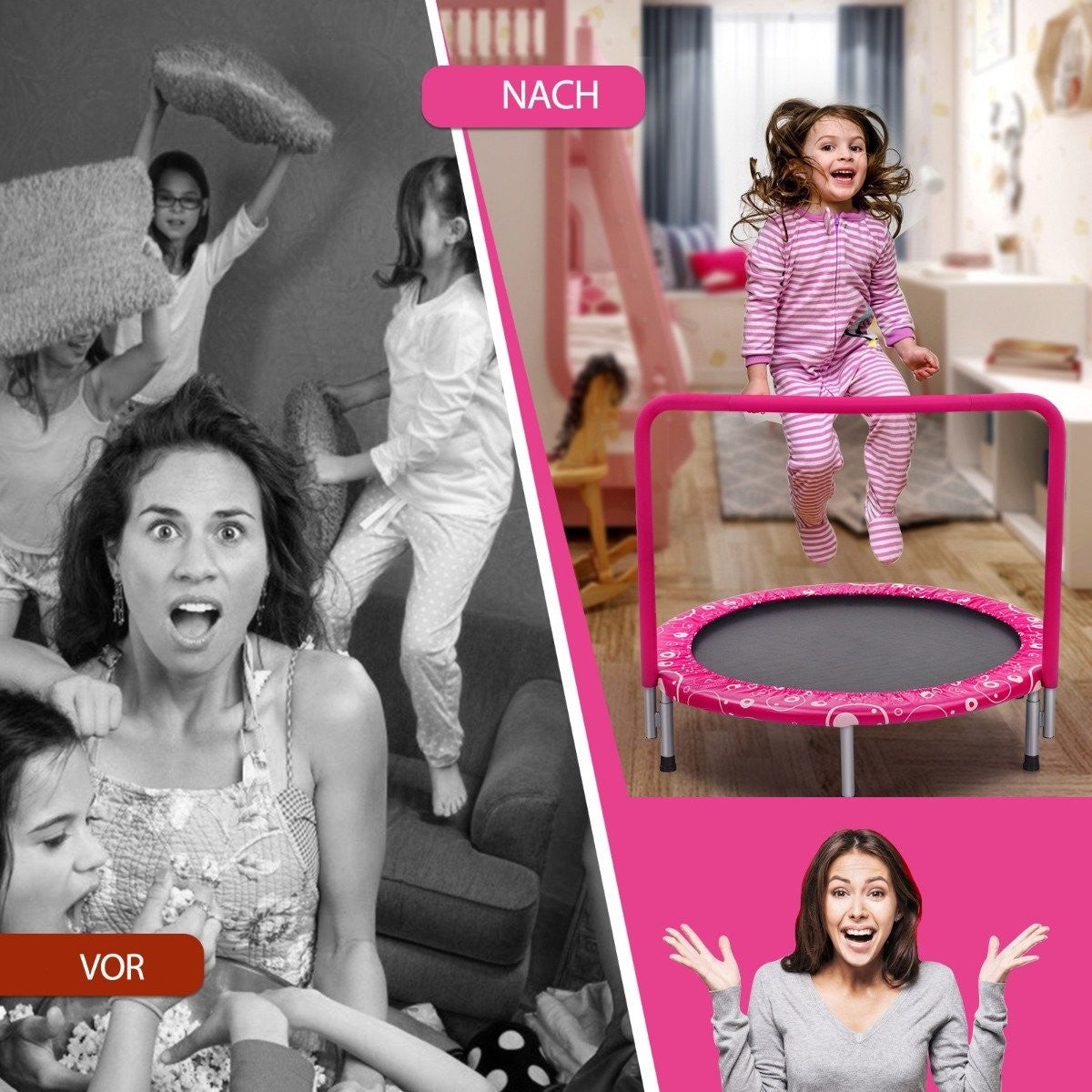 Imagen dividida: Caos con niños vs. niña saltando en trampolín rosa. Mujer con brazos abiertos y cara sorprendida.