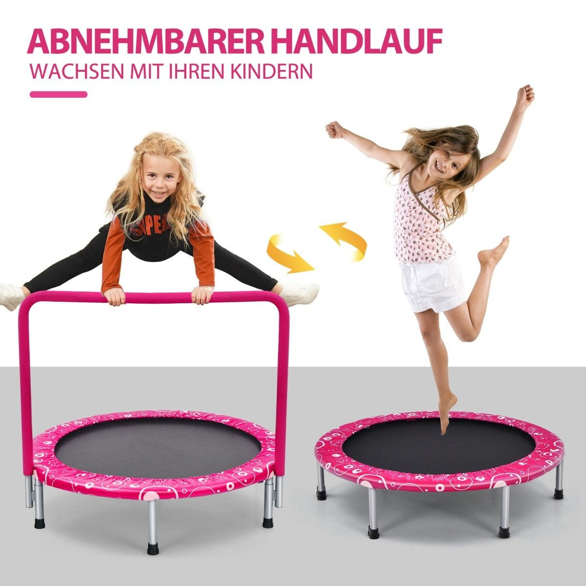 Dos niñas saltan en trampolines. Una sostiene el manillar, la otra salta. Trampolines rosas con superficie de salto negra.
