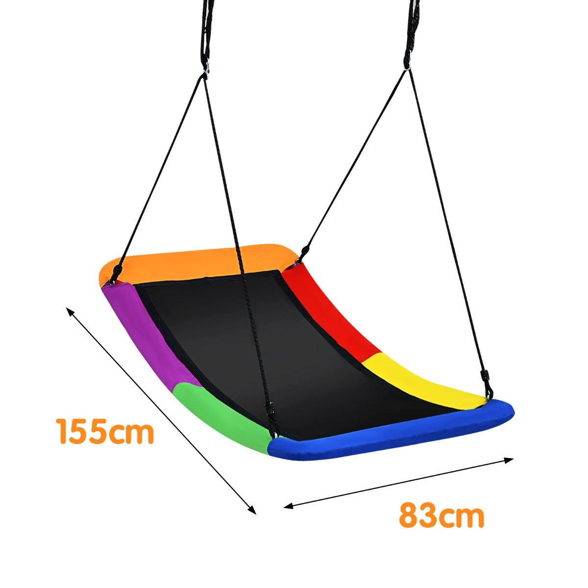 Un columpio colorido con dimensiones. Tiene asiento negro y cuelga de cuerdas negras.