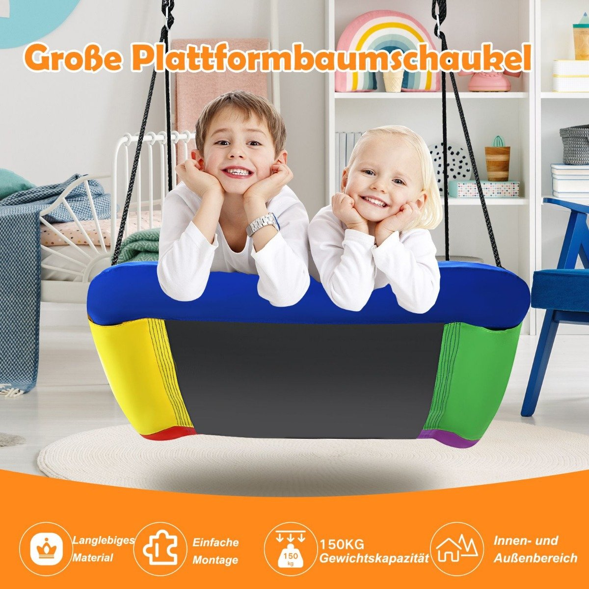 Dos niños sonriendo en un columpio colorido. Un columpio arcoíris cuelga de una cuerda. El texto superior dice 'Große Plattformbaumschaukel'.
