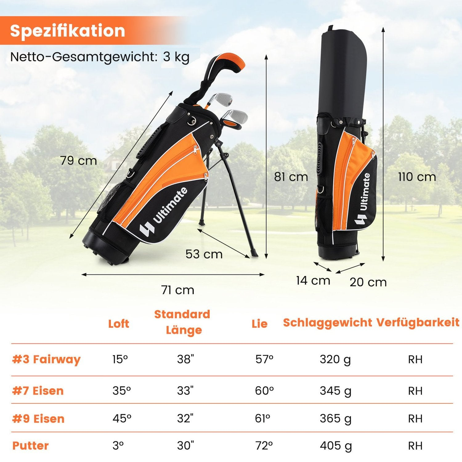 La imagen muestra una bolsa de golf con dimensiones y especificaciones. Es negra y naranja, con palos de golf dentro. Una tabla enumera los detalles de los palos.