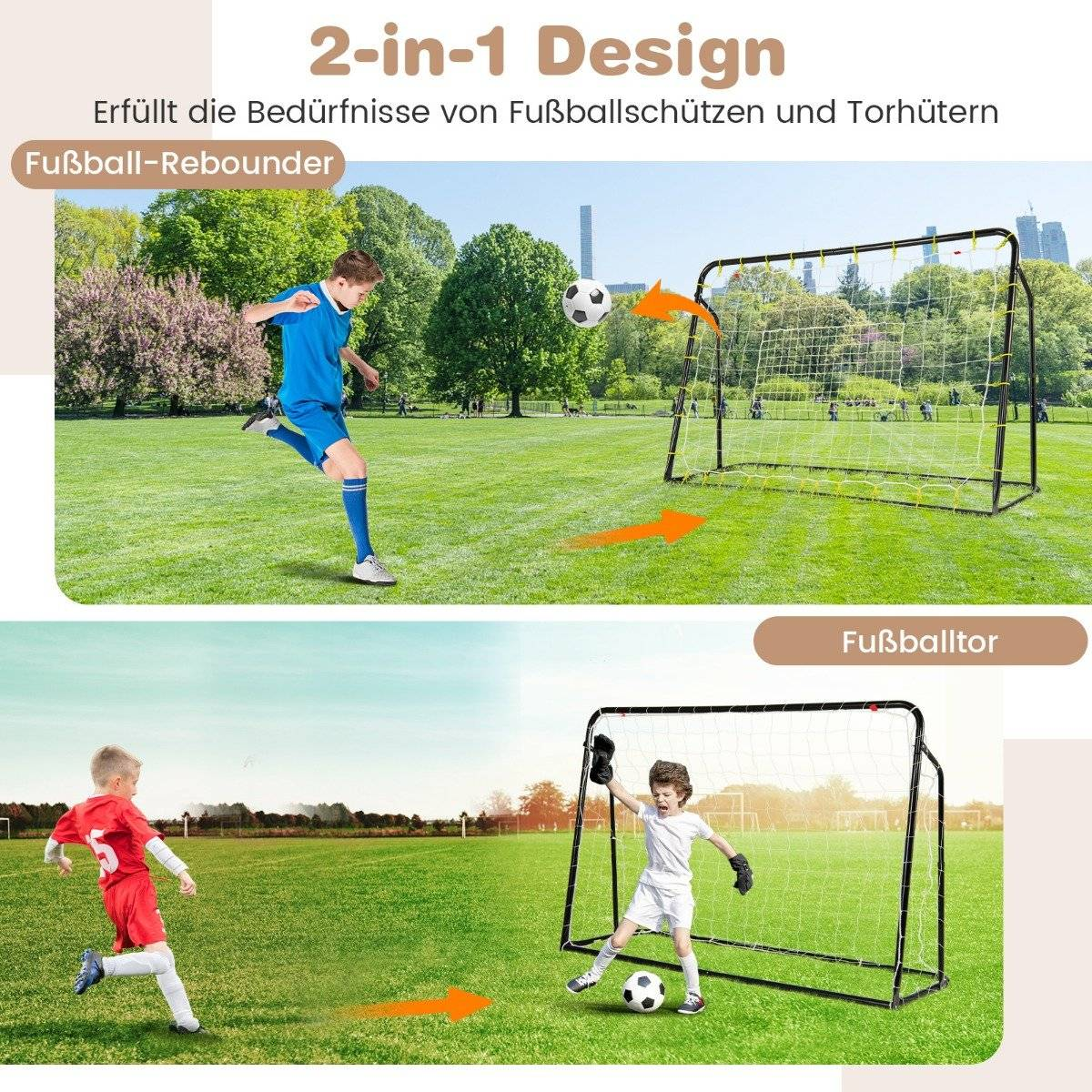 La imagen muestra un reboteador de fútbol y una portería. Los niños se ven pateando un balón hacia la portería. El fondo es un campo verde.