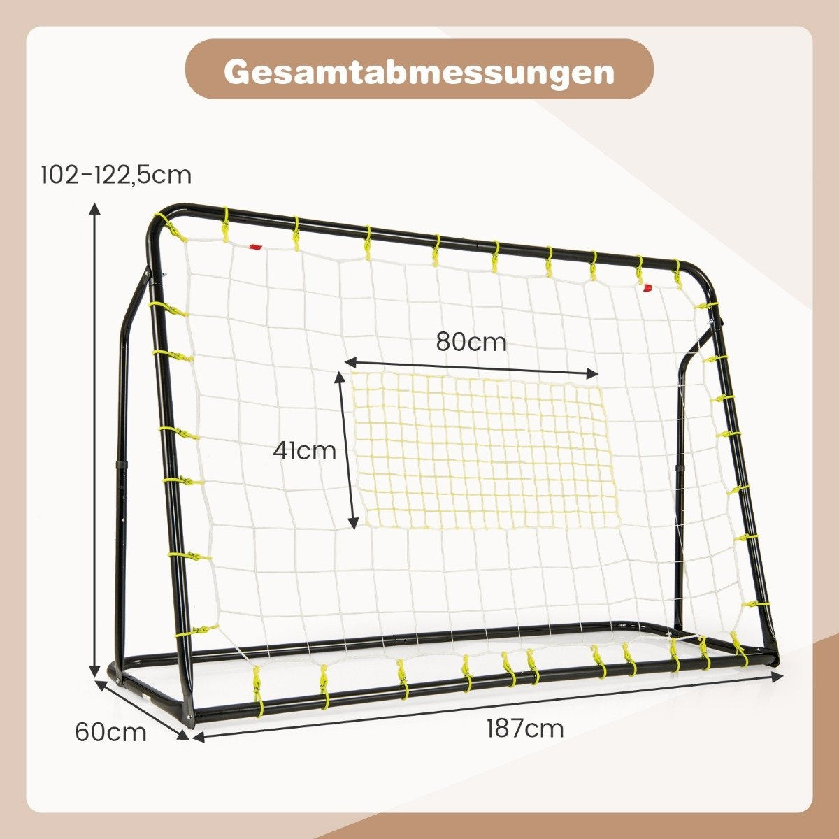 Una portería de fútbol con dimensiones, incluyendo 187cm de ancho, 102-122.5cm de alto y 60cm de profundidad. La red es amarilla.
