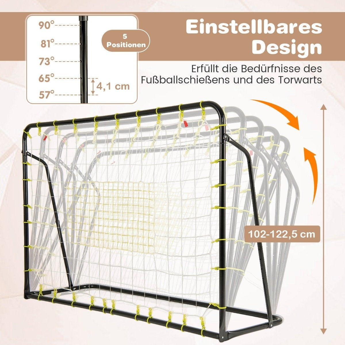 Una portería de fútbol con ajustes de altura ajustables. El texto indica 'Einstellbares Design' con medidas de altura.