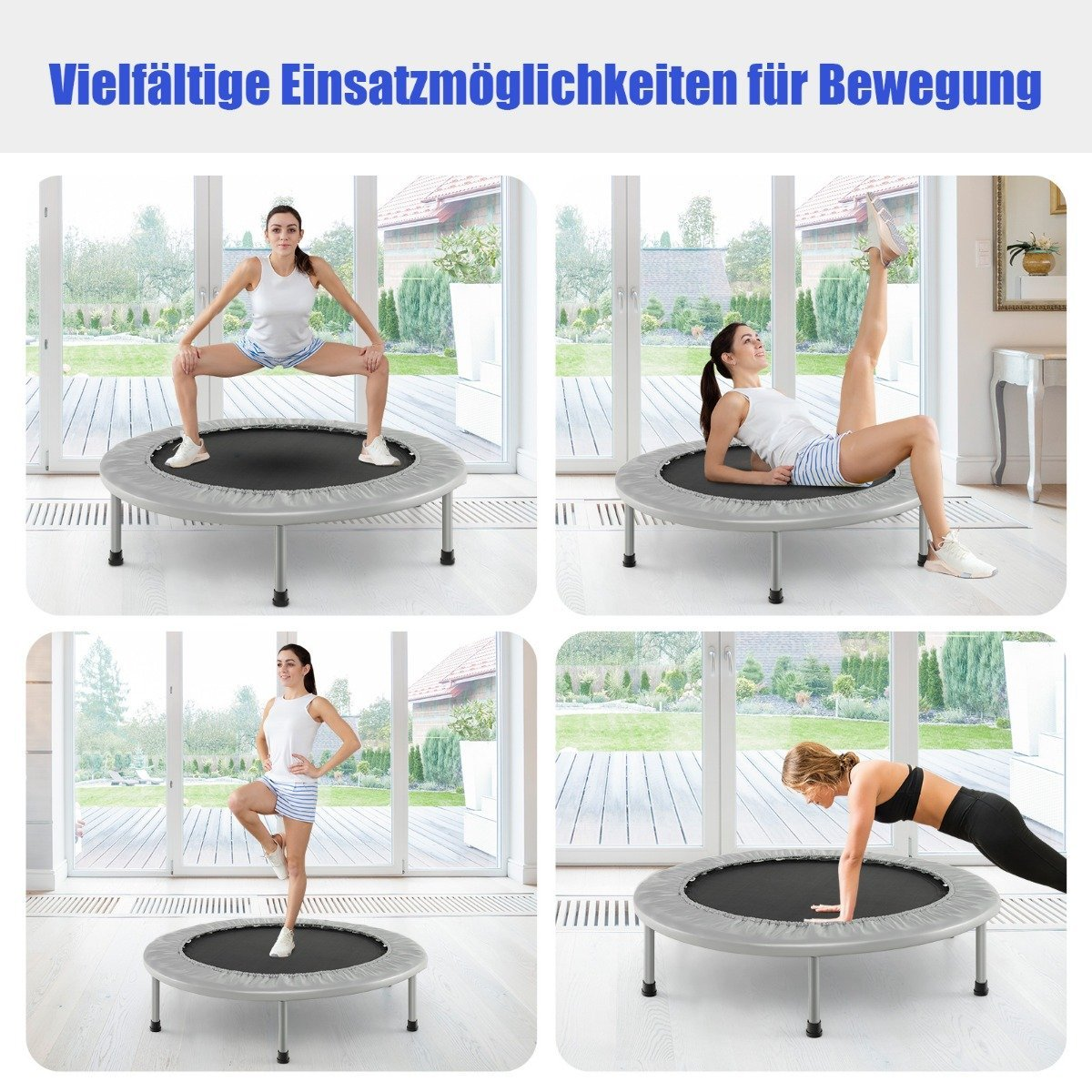 Cuatro imágenes muestran mujeres haciendo ejercicio en mini trampolines. Están haciendo diferentes ejercicios: sentadillas, elevación de piernas, equilibrio y flexiones.