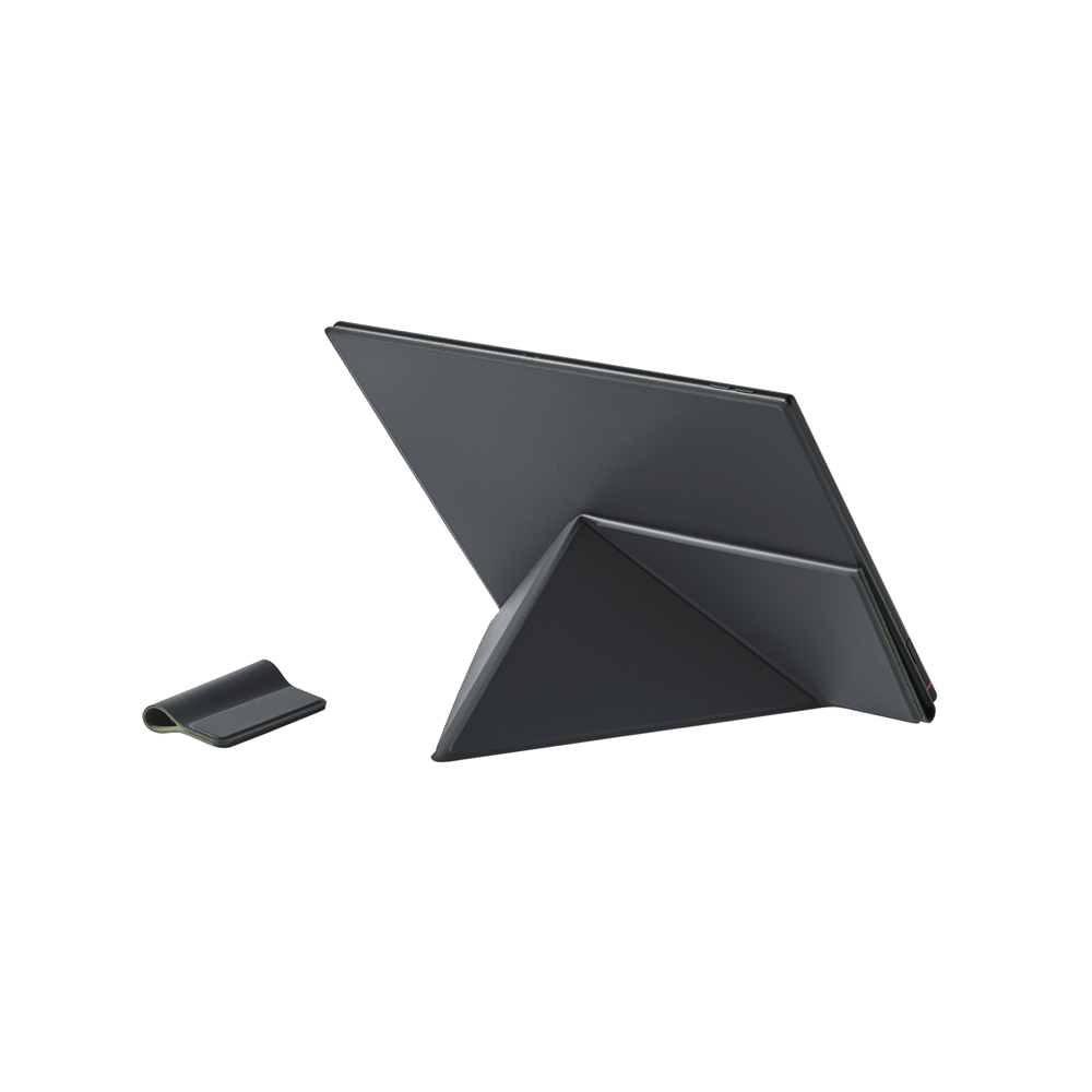 Ein dunkelgrauer Tablet-Ständer und ein kleiner Clip liegen auf weißem Hintergrund. Der Ständer ist dreieckig gefaltet.