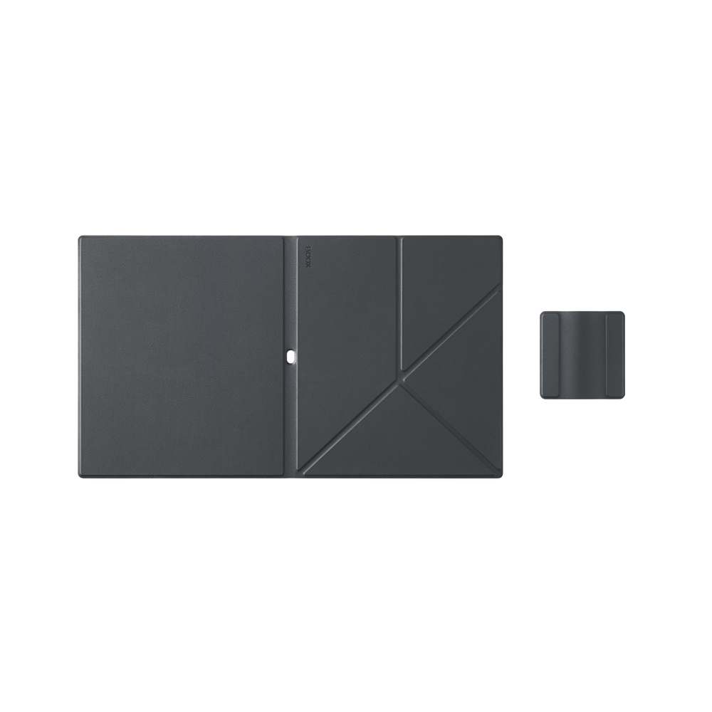 Eine dunkelgraue Tablethülle mit Faltendesign und einem separaten kleinen quadratischen Teil, alles auf weißem Hintergrund.
