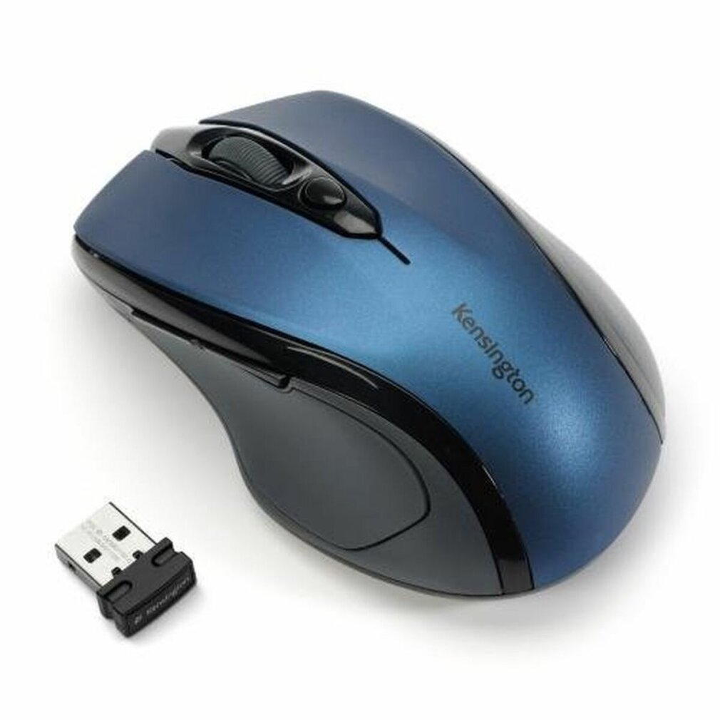 Un mouse wireless Kensington blu e nero con ricevitore USB su sfondo bianco.