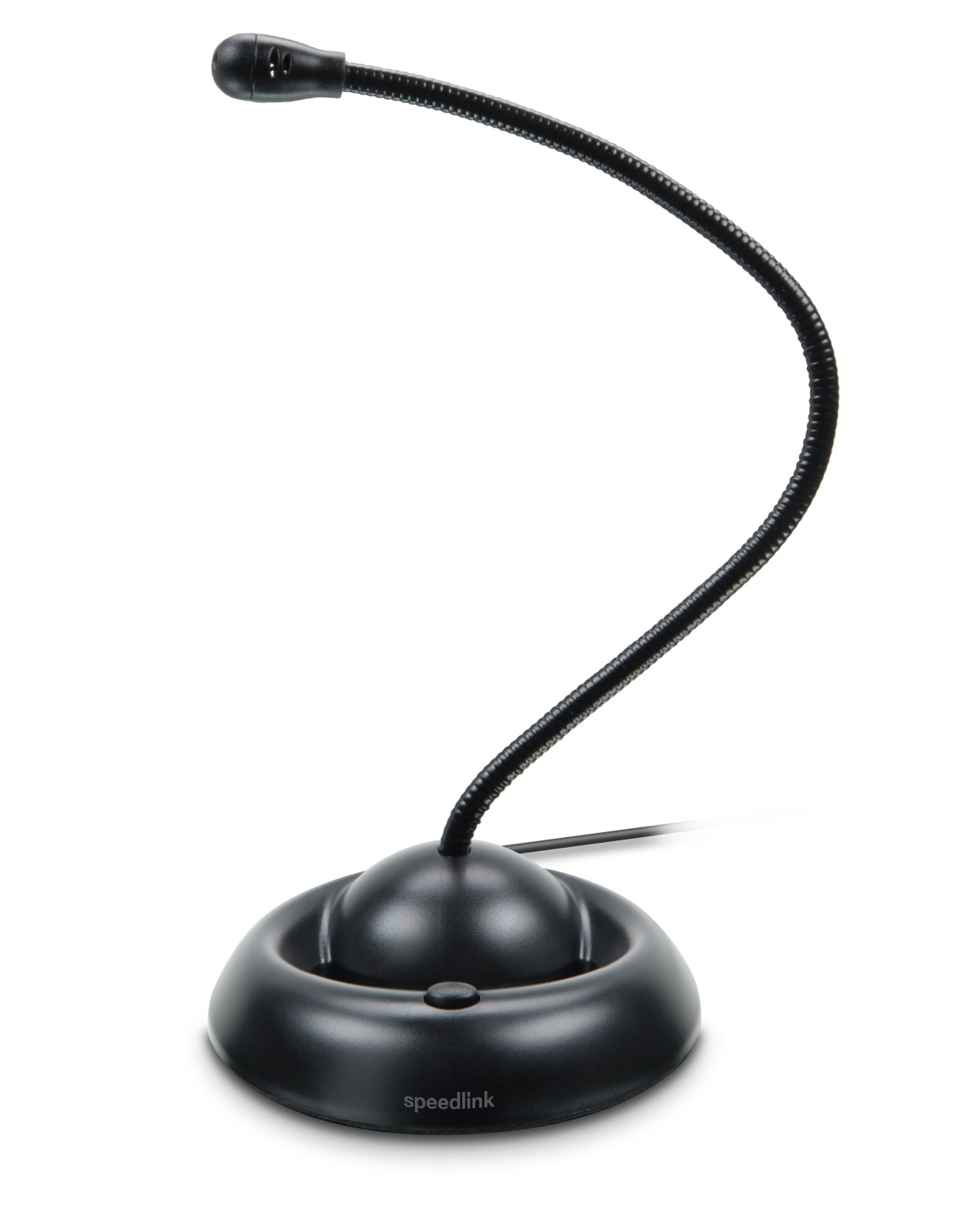 Ein schwarzes Speedlink-Mikrofon mit flexiblem Schwanenhals und rundem Sockel. Der Hintergrund ist weiß.