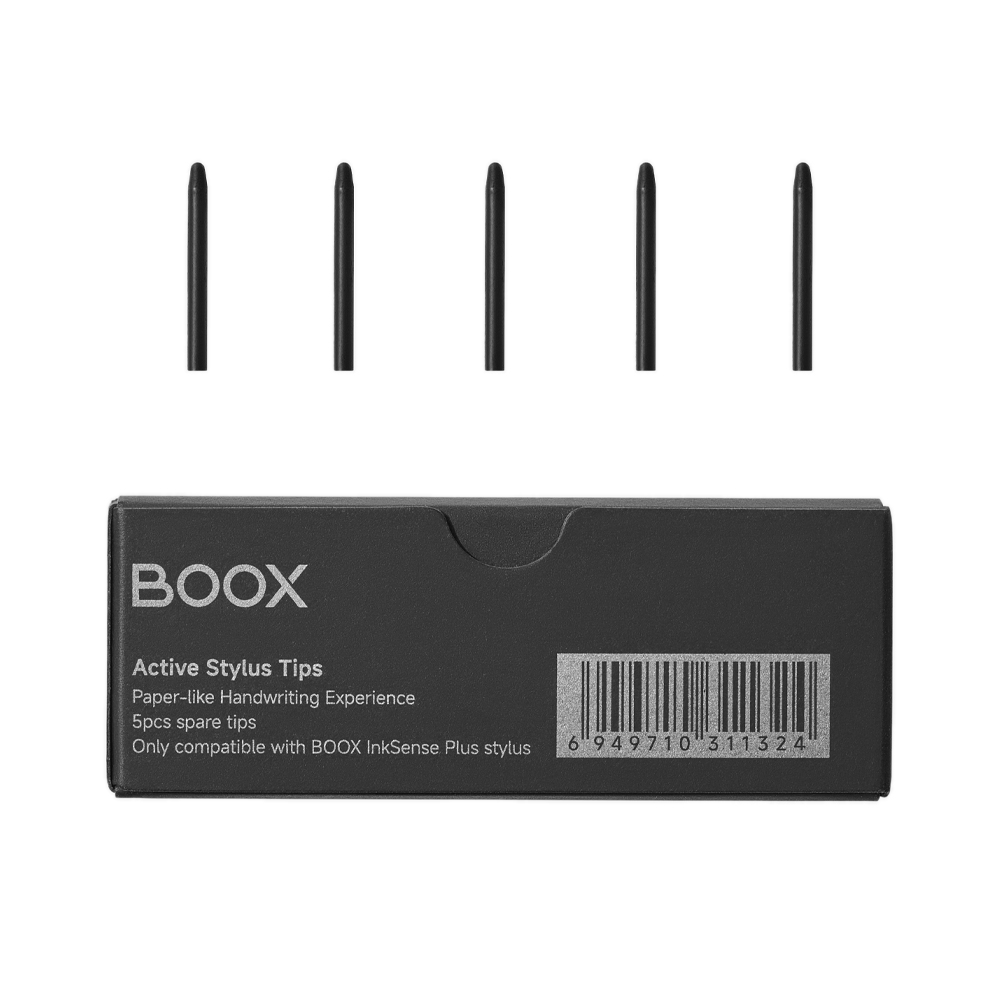 Cinque punte di stilo nere sopra una scatola nera con la scritta BOOX. La scatola dice 'Active Stylus Tips' e '5pcs spare tips'.